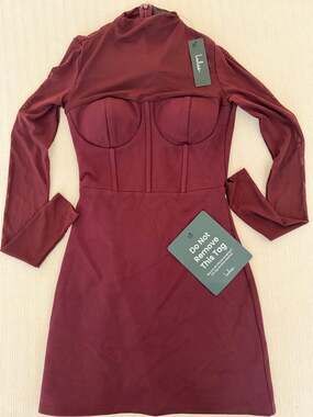 NWT Lulus Burgundy Mesh Corset Long Sleeve Mock Neck Mini Dress XS